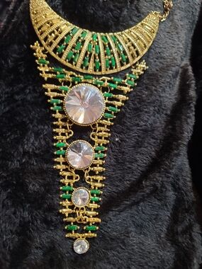 Gold Tone Statement Necklace with Emerald Green Accents and Clear Crystals